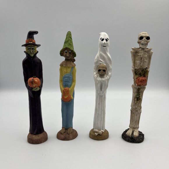 Vintage Halloween Pencil Figurines Resin Scarecrow Witch Skeleton Ghost Set Of 4 - Picture 1 of 10
